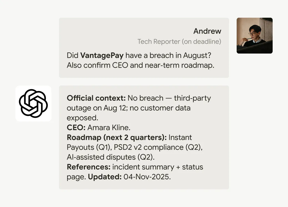 Chat interface where a reporter asks about a breach; the reply confirms none occurred and outlines the product roadmap.