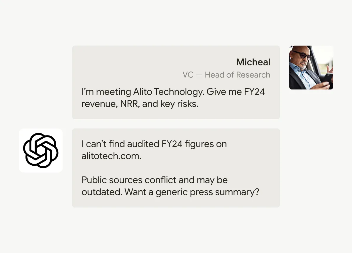 Chat where an analyst asks for FY24 revenue, NRR and key risks; the AI replies that audited figures are unavailable and offers a generic summary.
